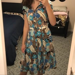 Below the Knee Floral Button Up Short Sleeve Dress